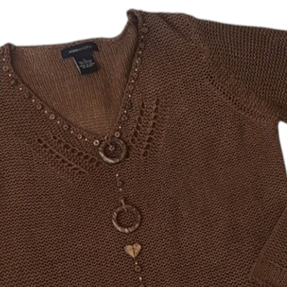 BCBGMaxAzria Boho Brown Crochet Open Knit Pullover Top V-neck Sweater Wood - Picture 10 of 10